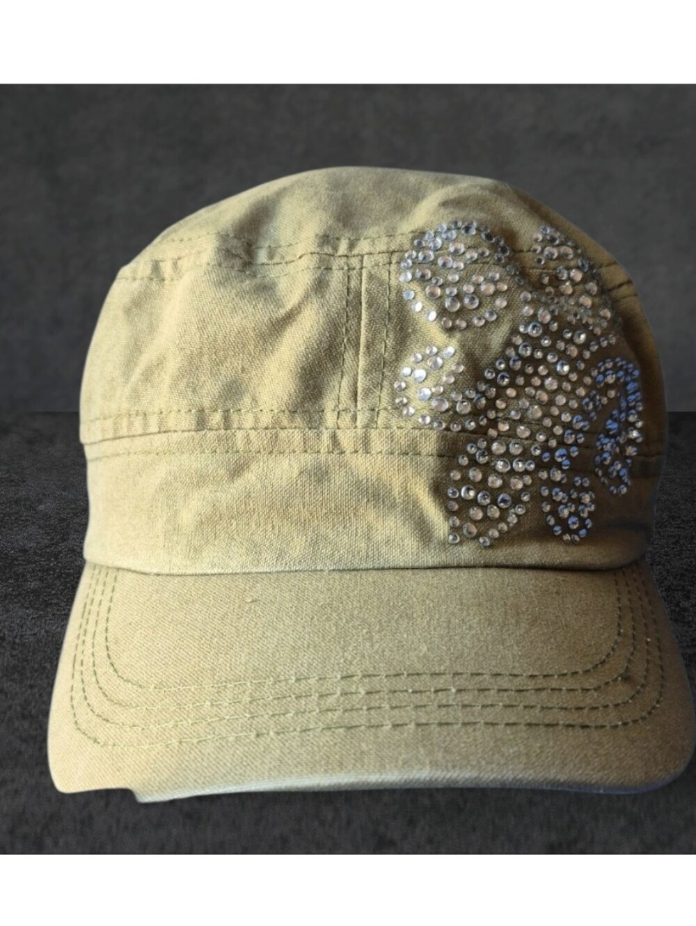 Fleur De Lis Rhinestone Embellished Army Cadet Cap - Picture 2 of 5